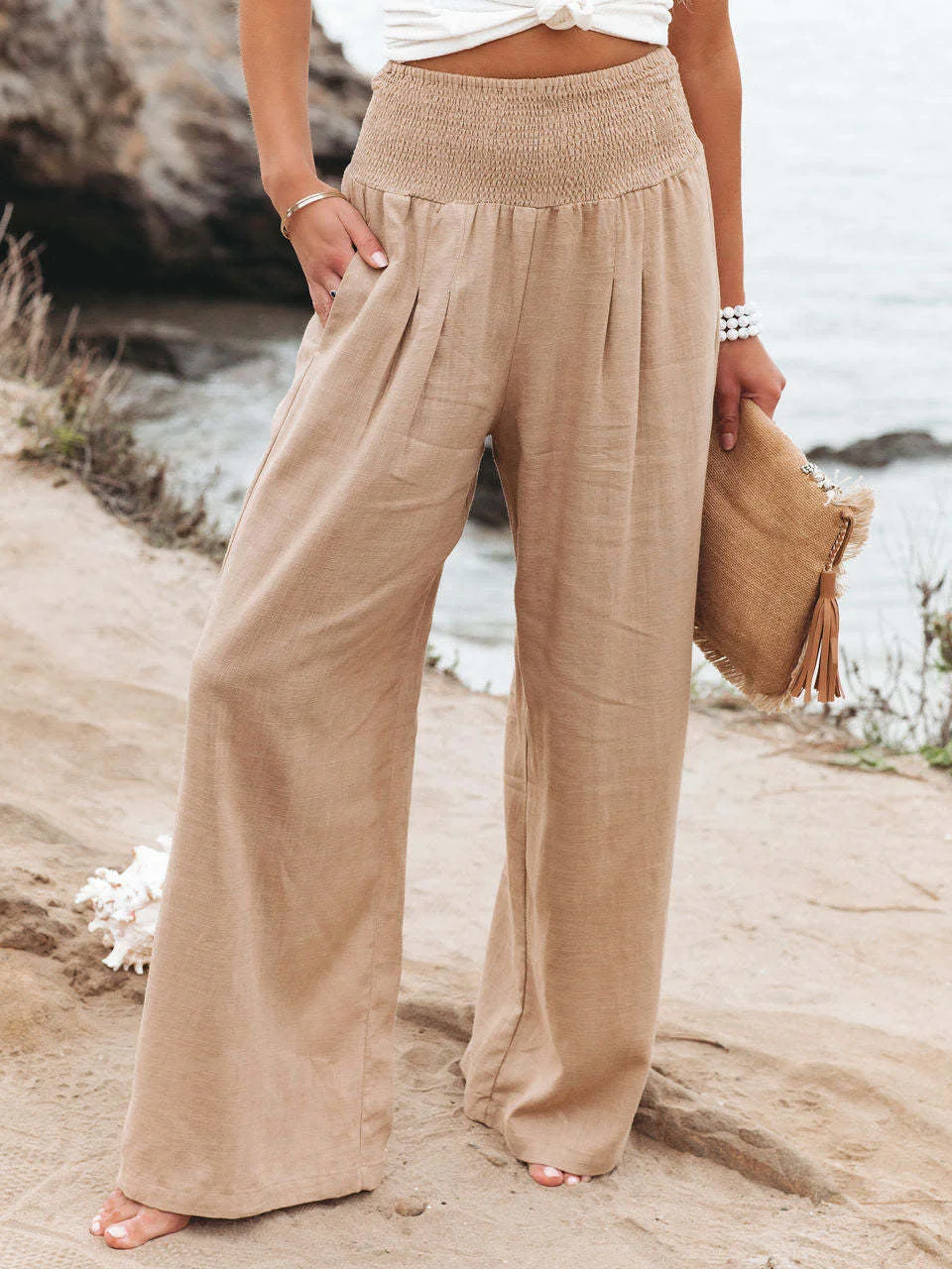 Spring Summer for Women 2022 New Women Pants Office Lady Cotton Linen Pockets Solid Loose Casual White Wide Leg Long Trousers