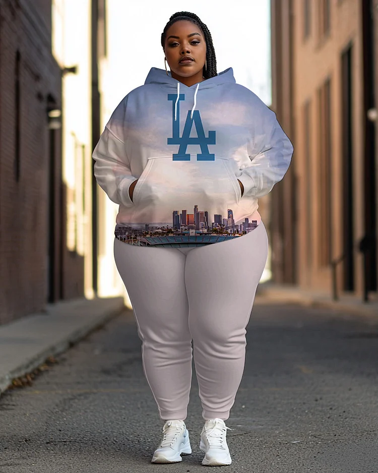 Women's Plus Size LA Long Sleeve Hoodie and Casual Pants Set