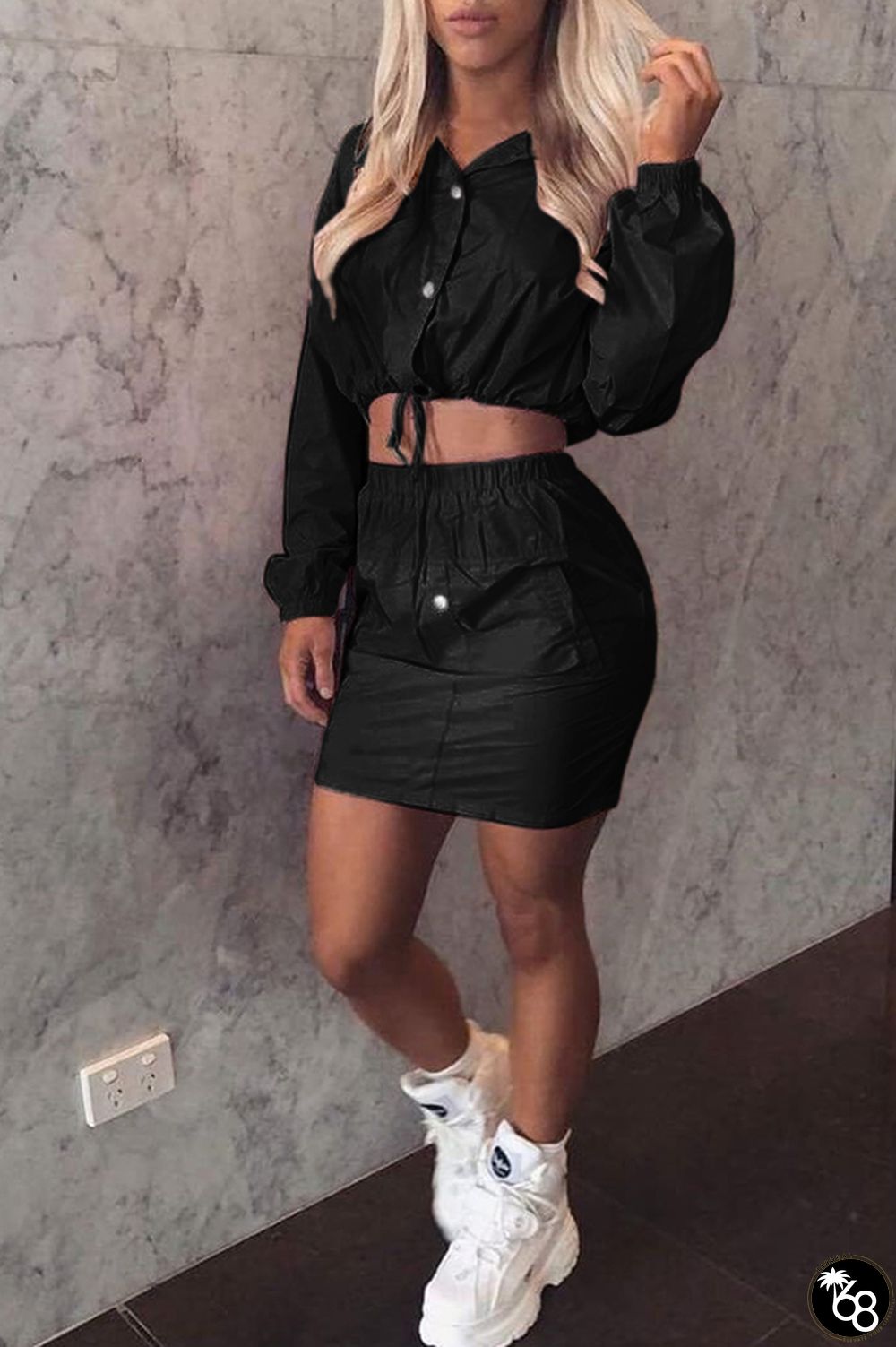Black Casual Turndown Collar Long Sleeves Two-piece Skirt Set | 168DEAL