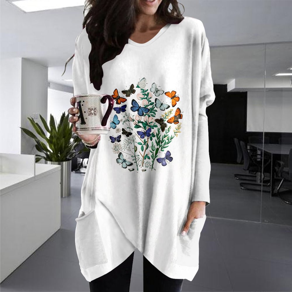 Large Size Women's Clothing Colorized Butterfly V-neck Long Slit T-shirt Sheath Dress One Piece Ion