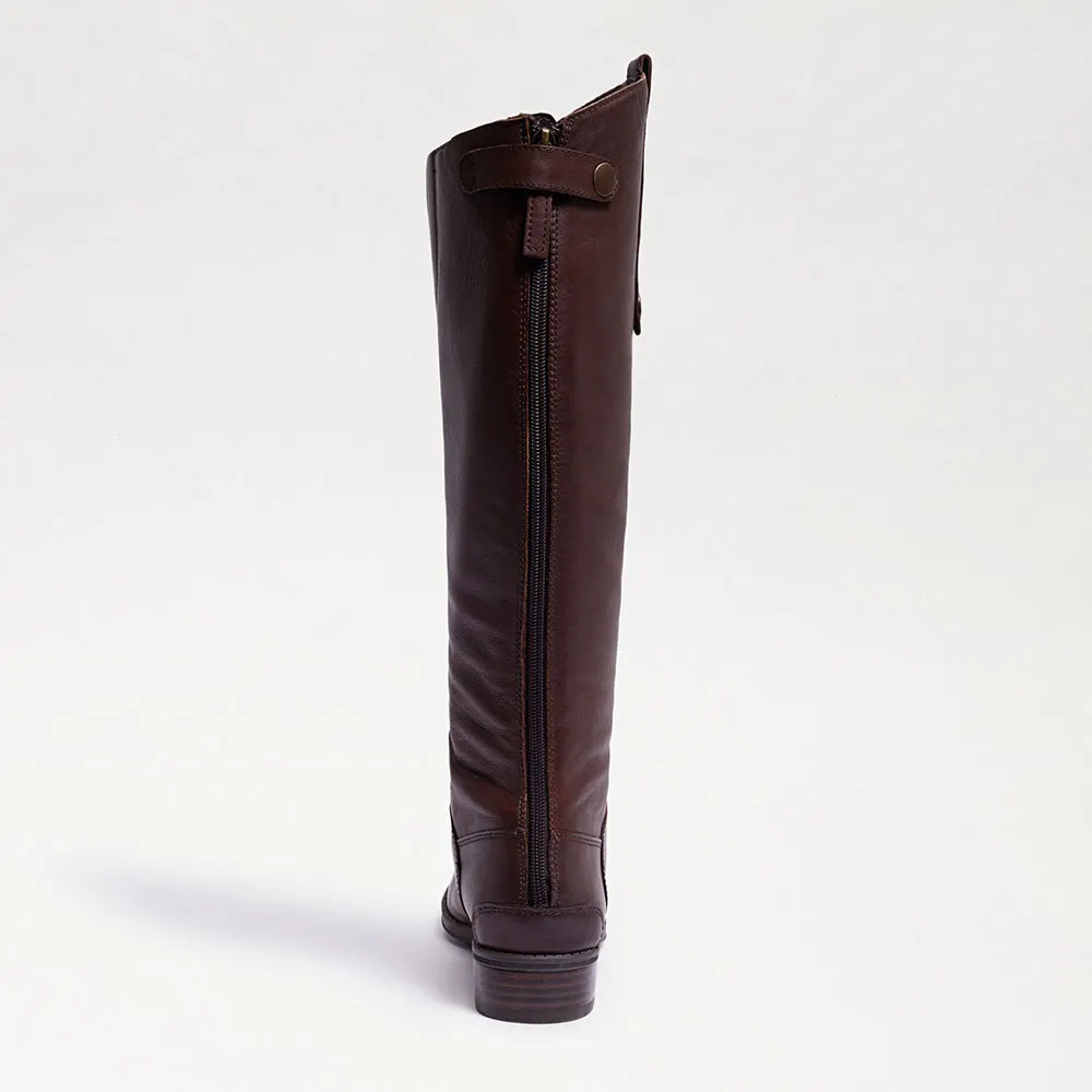 Women's Dark Brown Round Toe Back Zipper Pull Tab Knee High Boots