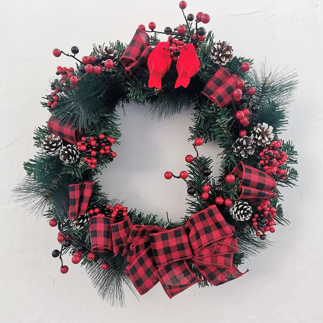 Christmas red fruit wreath with red and black plaid bow