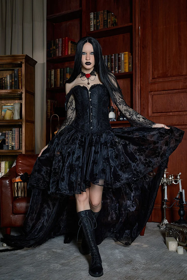 Gothic Plus Size Black Party Lace Off The Shoulder Corset Mesh High Low Two Pieces Dress Set