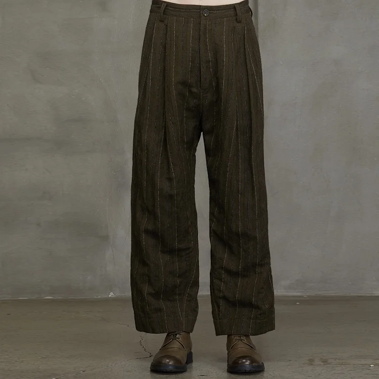 Men's Olive Brown Pinstripe Wide-Leg Trousers