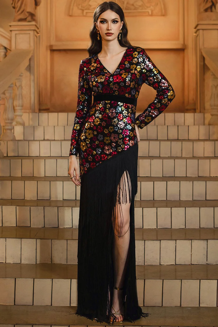 Floral Sequin Long Sleeve Fringe Slit Maxi Dress-Black