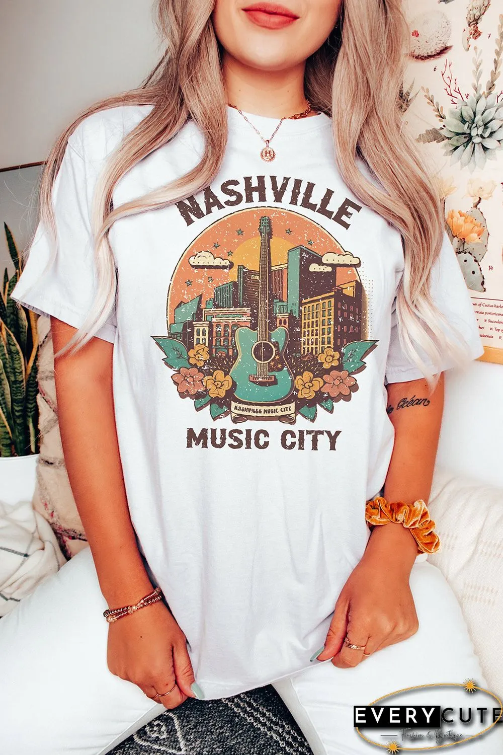 White Nashville Music City Graphic Short Sleeve Tee
