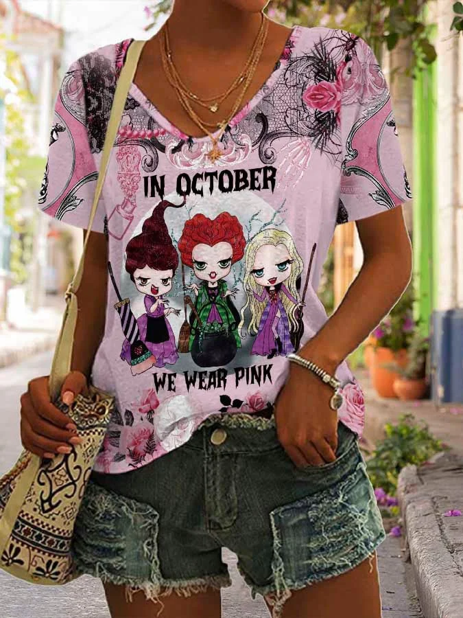 Breast Cancer Awareness Halloween Sisters In October We Wear Pink Print T-Shirt