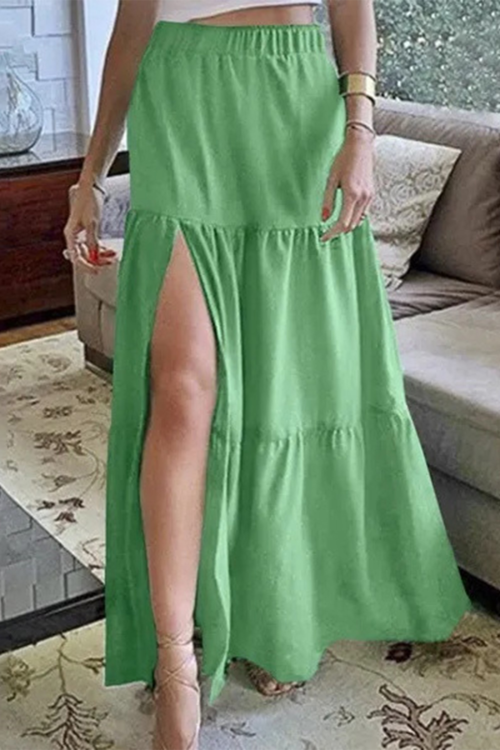 Plus Size Casual Green Elastic High Waist Slit Tiered Maxi Skirt 2024 - Flycurvy 