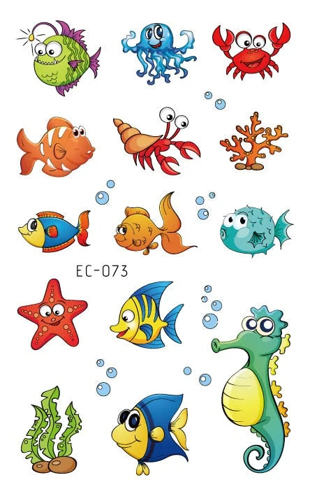 24 kinds Temporary Tattoo Stickers for Kids Cute Cartoon Tropical Fish Marine faux tatouage temporaire Disposable Children Gift