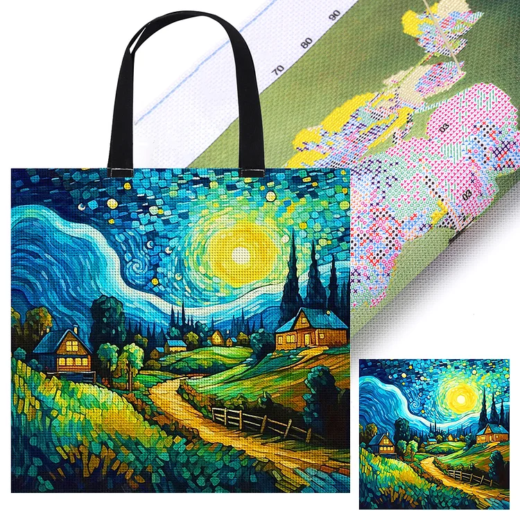 11CT Starry Sky Landscape Embroidery Kit Canvas Tote Bag Gift for Friends40x40cm gbfke