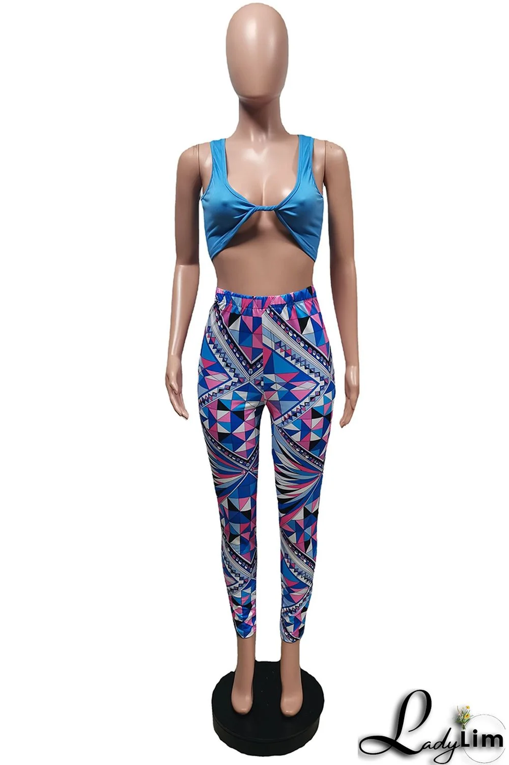 Blue Fashion Sexy Print Vests Pants V Neck Sleeveless Two Pieces