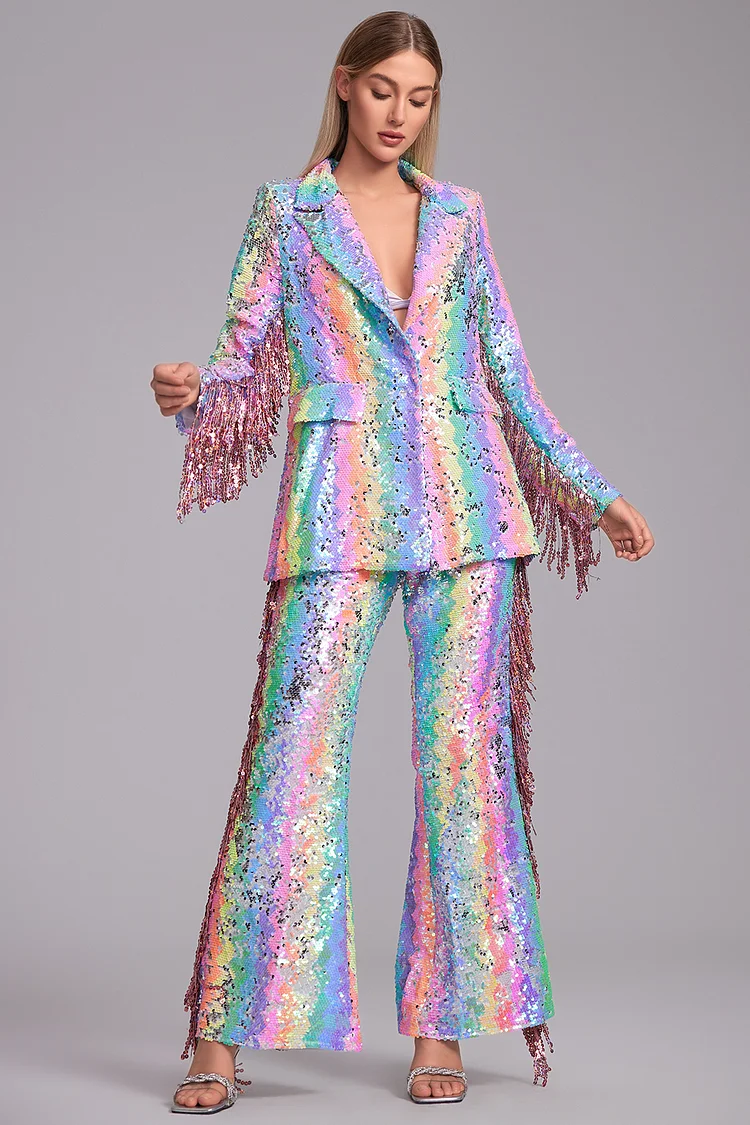 Gradient Fringe Blazer Two Pieces Sequin Pant Set-Rainbow