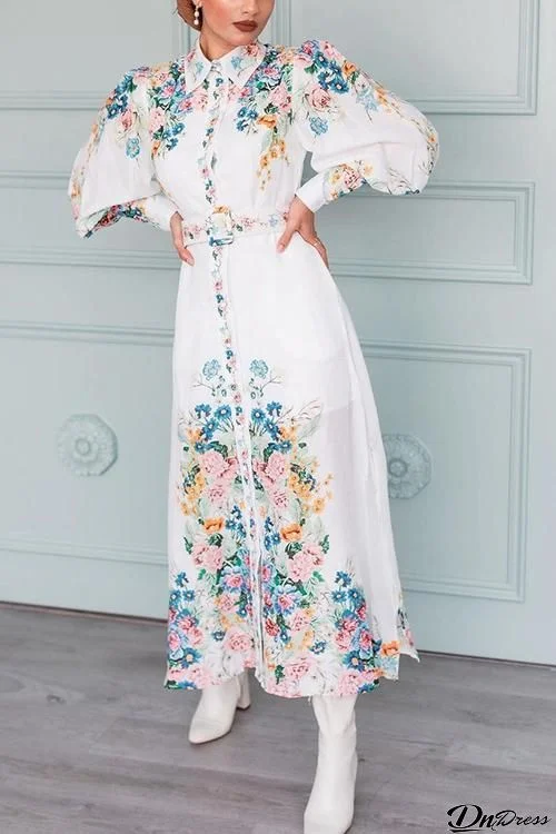 Baroque Floral Print Puff Sleeve Maxi Dress