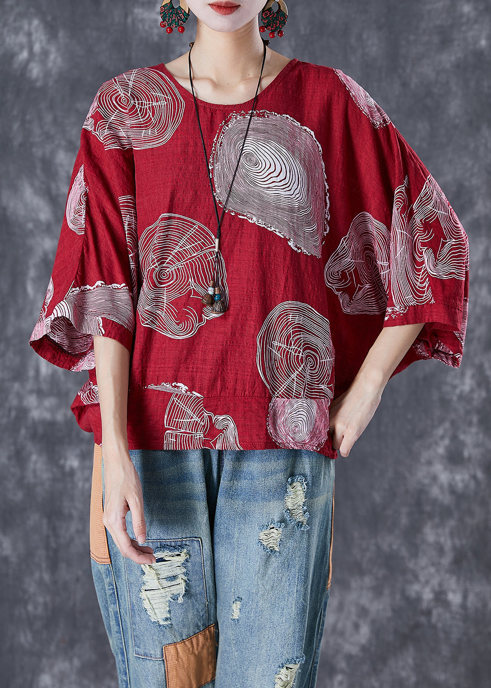 VCSHOES Red Oversized Print Cotton Top Batwing Sleeve