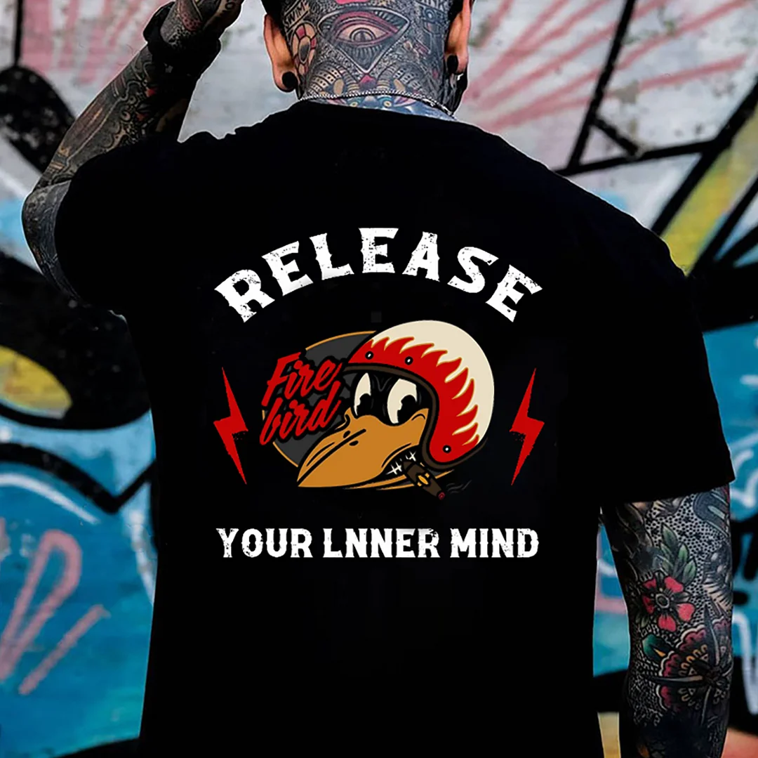 RELEASE YOUR LNNER MIND Fire Bird Black Print T-shirt