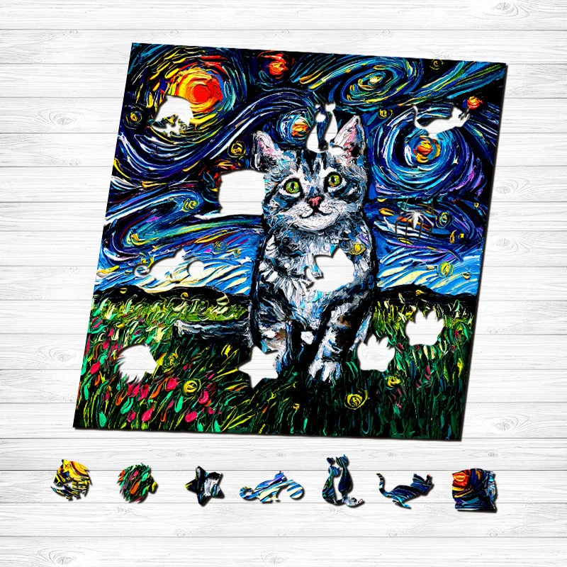 Jeffpuzzle™-JEFFPUZZLE™ Van Gogh Starry Sky - Shorthair Cat Wooden Puzzle