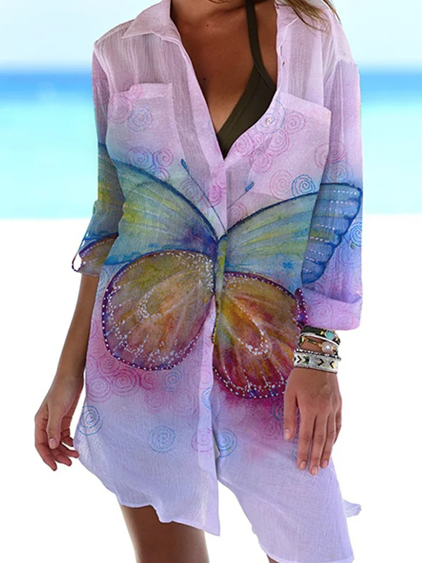 Colorful Butterfly Art Series Printed Long-Sleeve Blouse