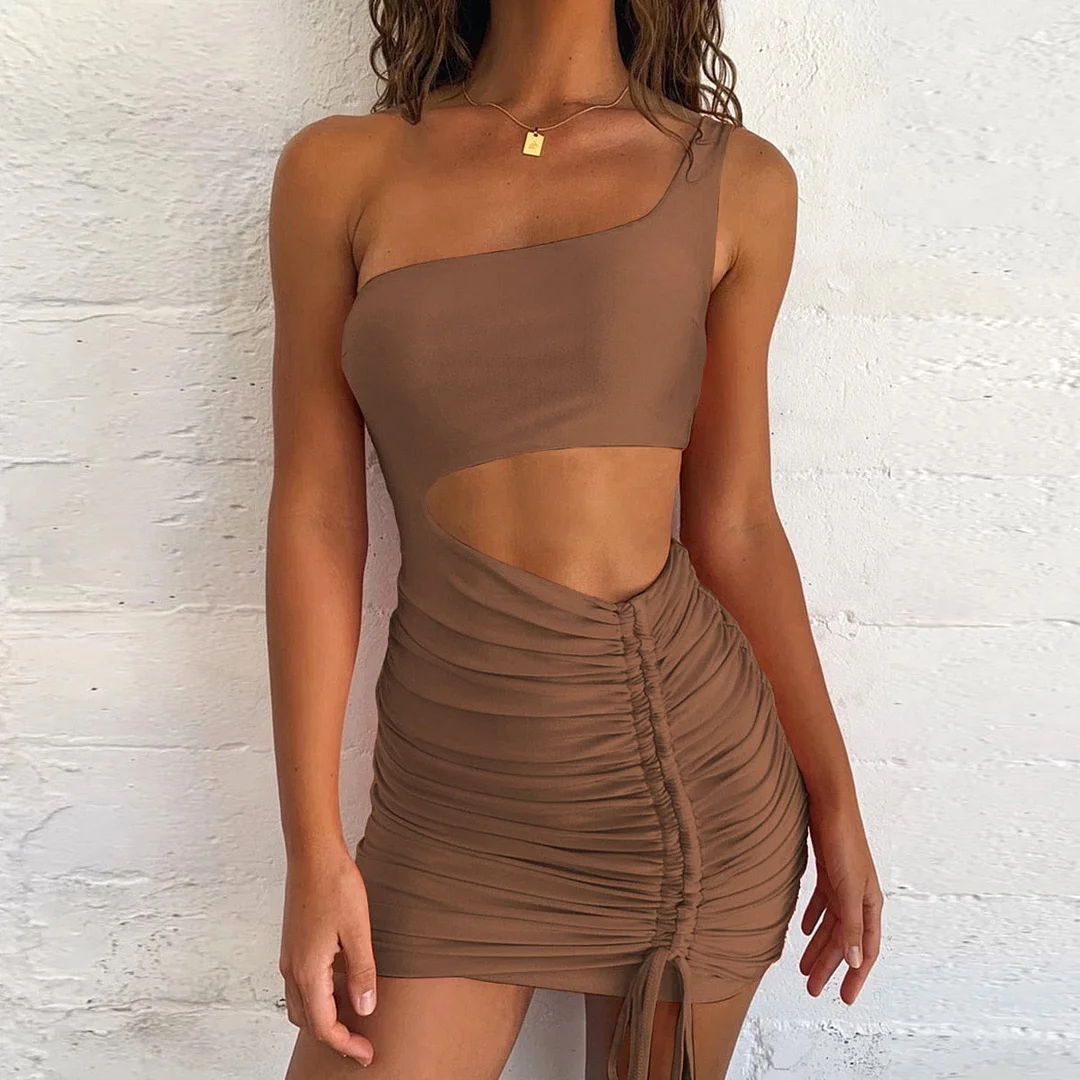 Articat One Shoulder Hollow Out Sexy Summer Dress Women Fold Drawstring Bandage Bodycon Dress Fashion Ruched Mini Party Dresses