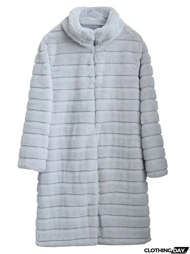 Stylish Striped Stand Collar Women's Comfy Mid-Length Fuzzy Coat