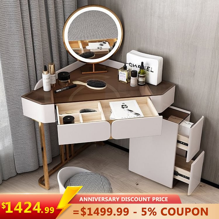 Homemys Italian Style Simple Luxury Tempered Glass Corner Vanity Table & LED Mirror & Stool