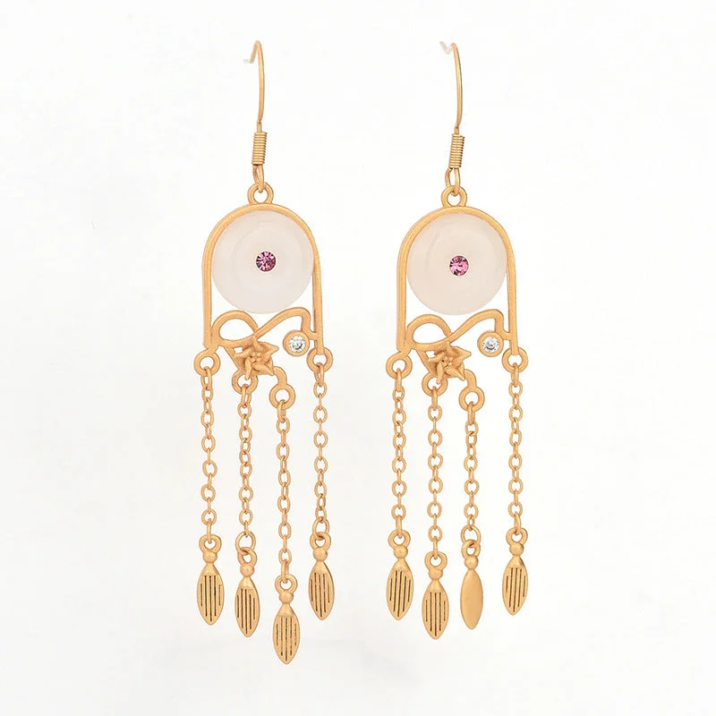 White Jade Ethnic Chinese Style Tassel Drop Dangle Earrings