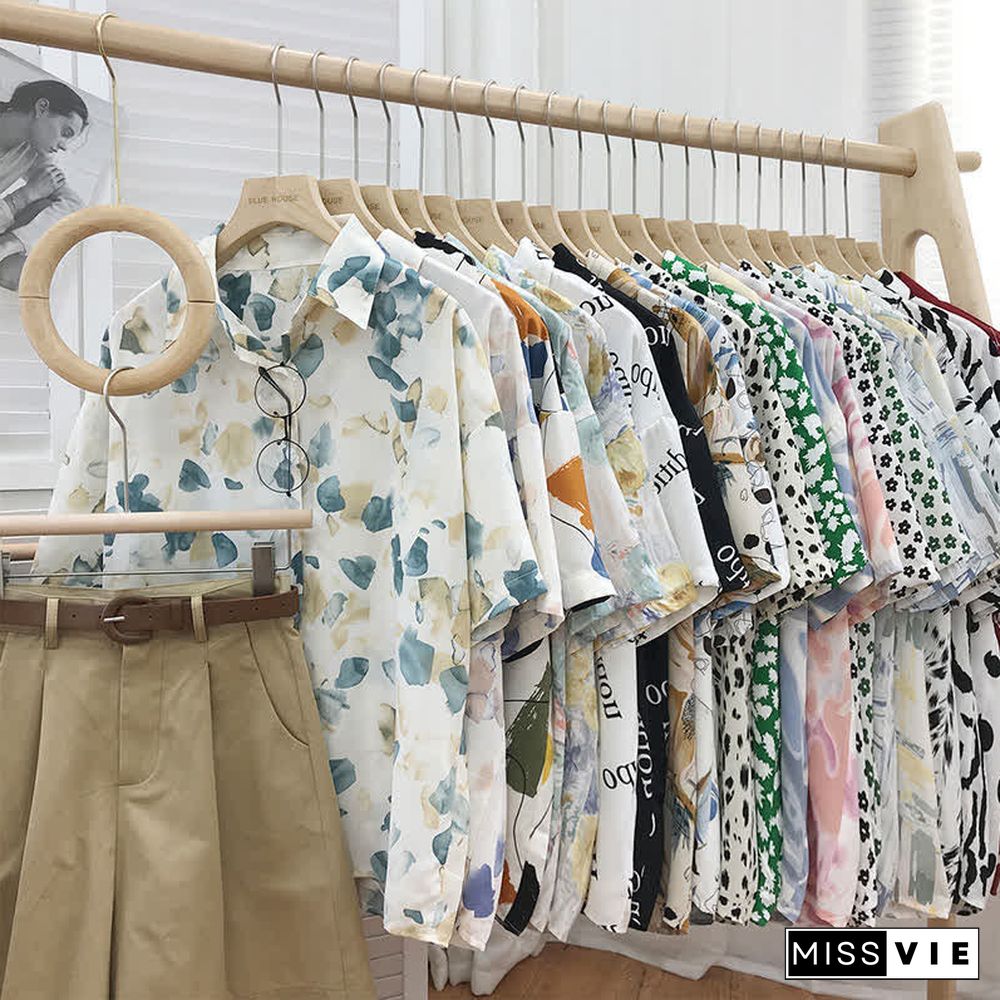 Cartoon Print Lapel Short Sleeve Loose Shirt