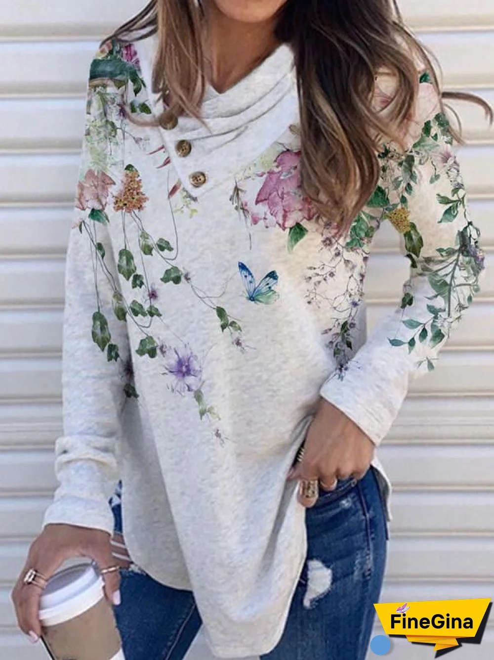 V Neck Button Decor Pattern Top