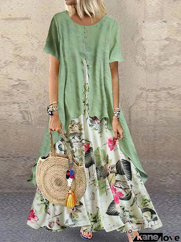 Women's Vintage Print Fake Two-Piece Cotton Linen Pocket Dress