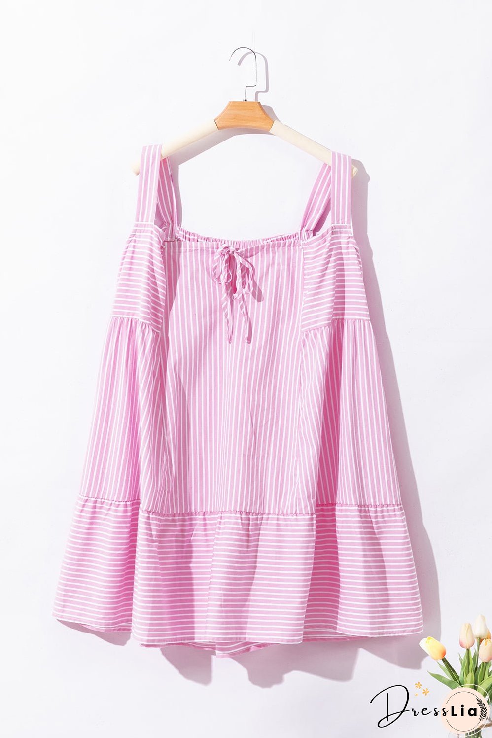 Pink Stripe Pinstriped Ruffled Hem Sleeveless Mini Flared Dress