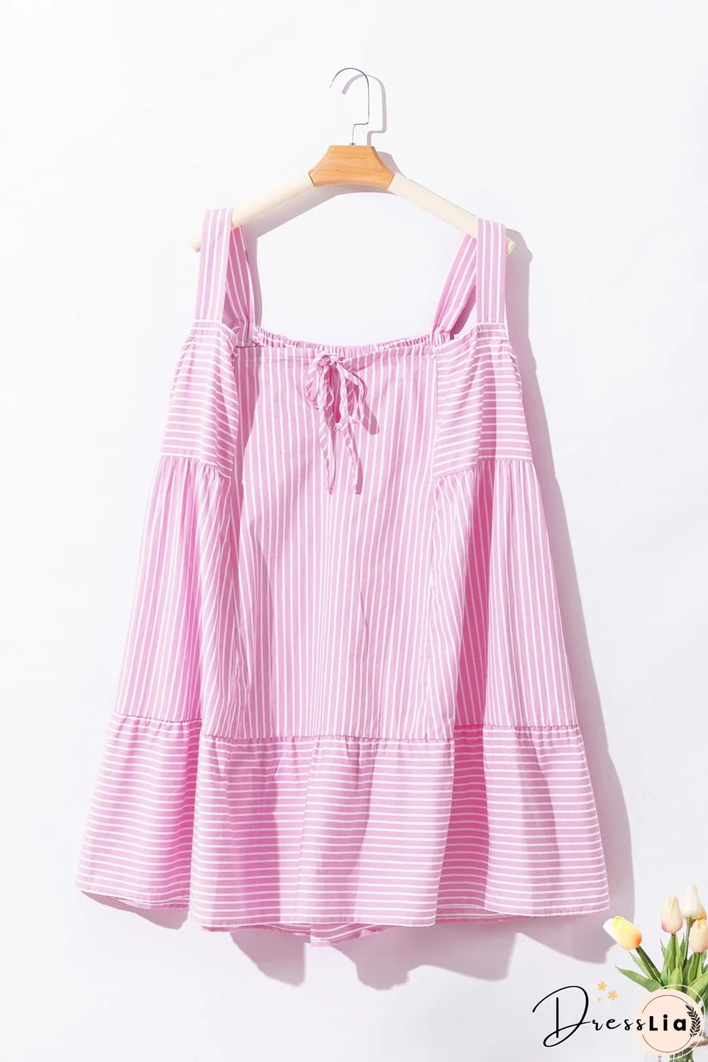 Pink Stripe Pinstriped Ruffled Hem Sleeveless Mini Flared Dress