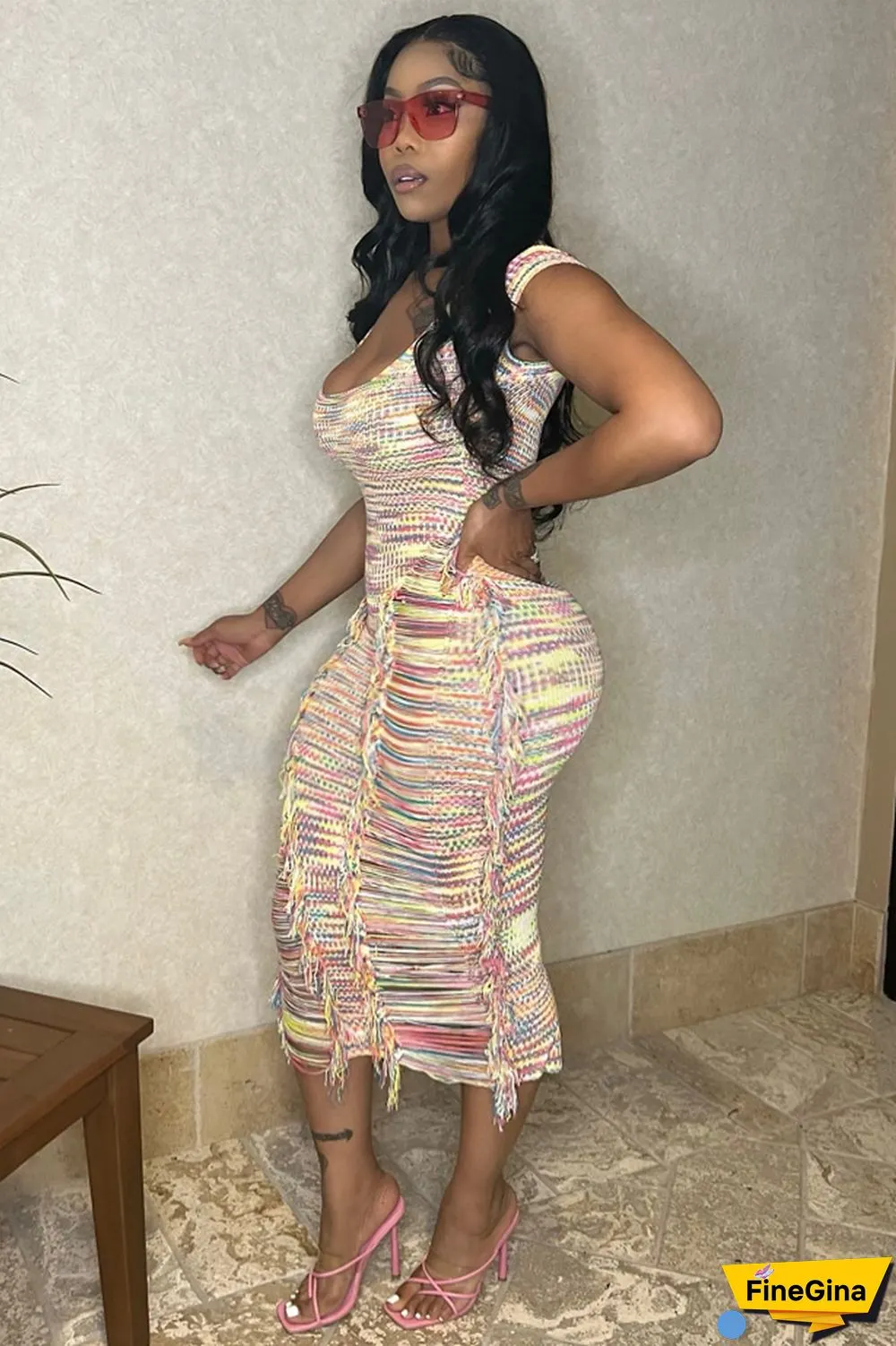 Knit Scoop Neck Color Block Striped Fringe Bodycon Midi Dress [Pre Order]