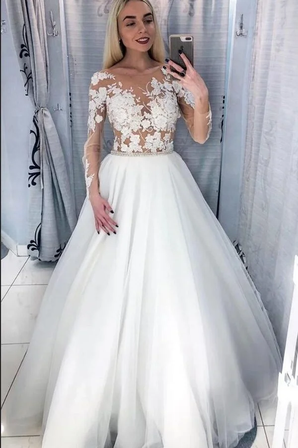 Elegant A-Line Bateau Long Sleeves Floor-length Wedding Dress With Appliques Lace Tulle