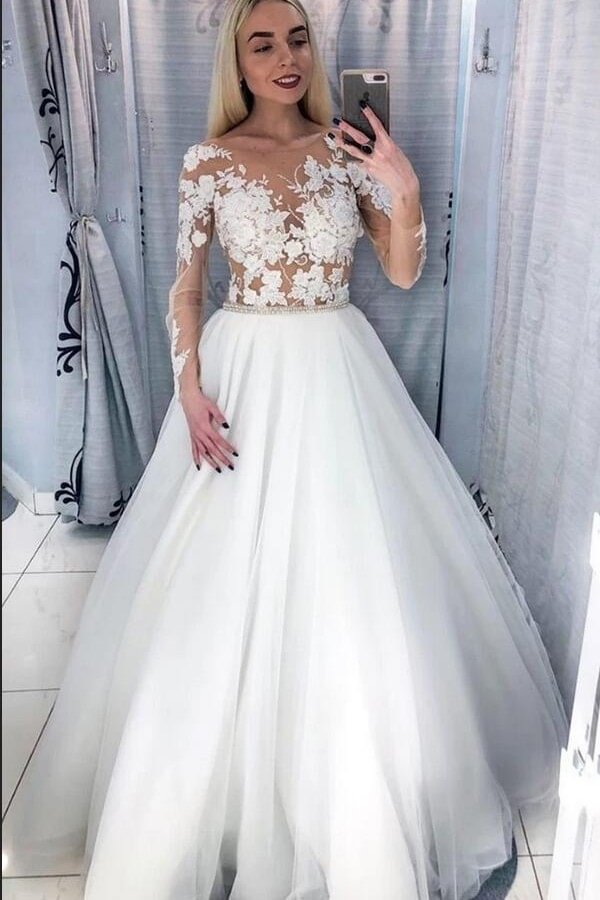 Glamorous Bateau Long Sleeves Floor-length A-Line Wedding Dress With Appliques Lace Tulle | Ballbellas Ballbellas