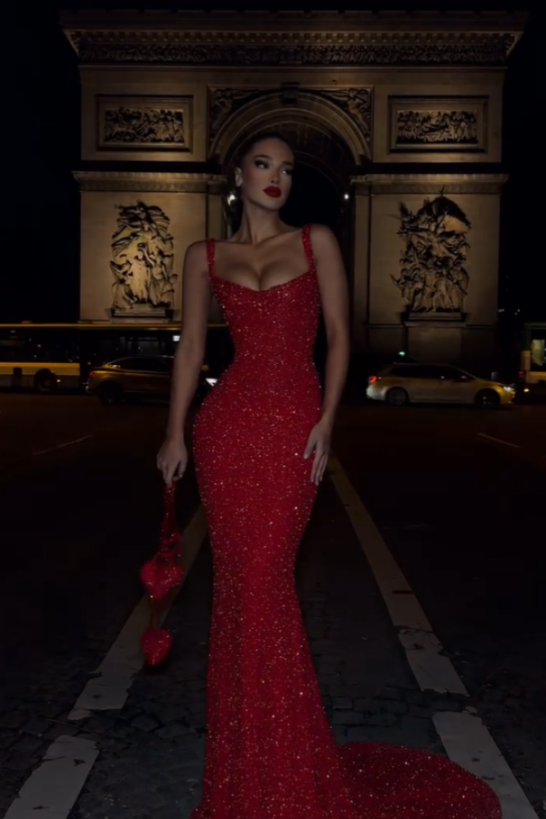 Luxurious Red Sequins Beaded Mermaid Long Prom Dress ZT0805