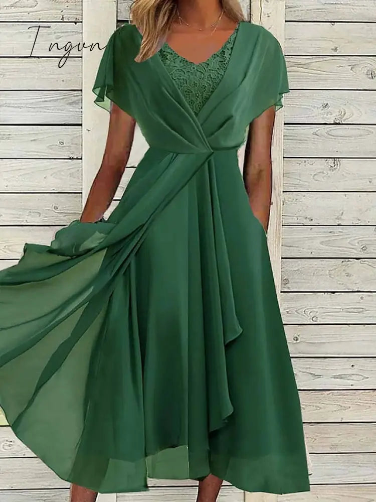 Ingvn - Women‘s Prom Dress Wedding Guest Party Long Maxi White Sleeveless Pure Color Lace Summer
