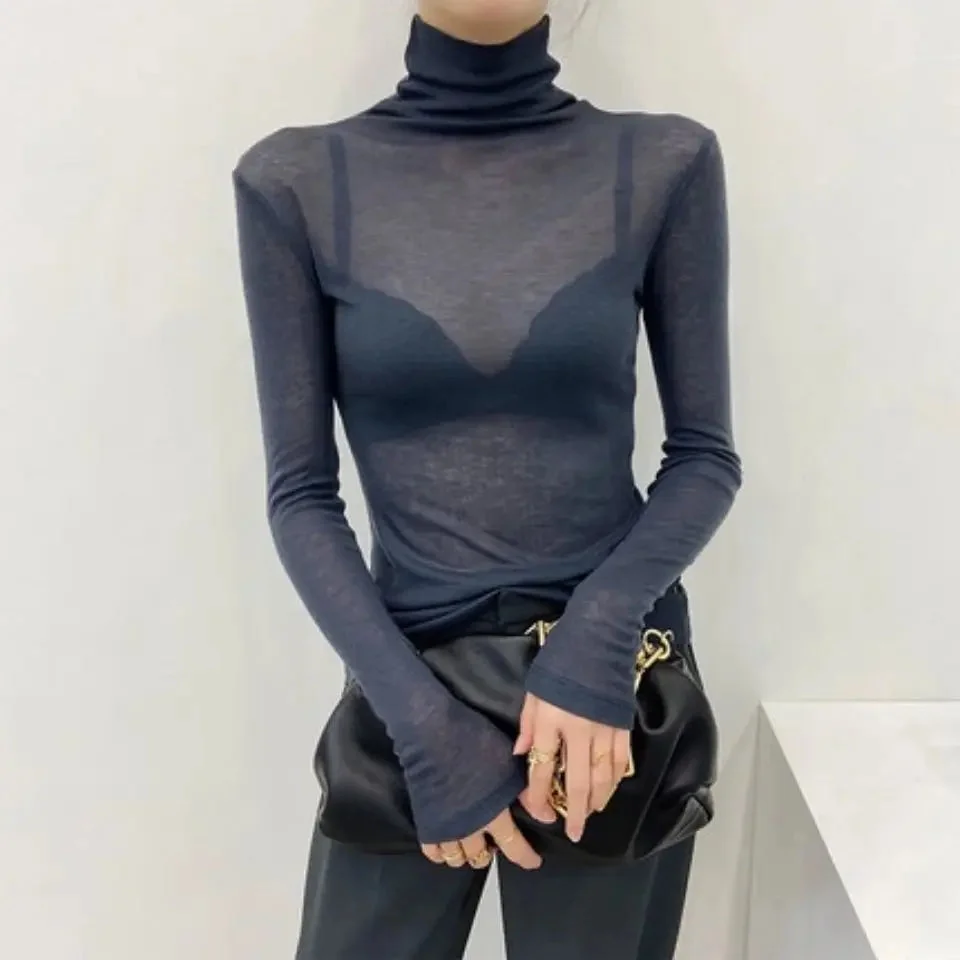 Huibahe Y2K Fashion Solid Turtleneck T Shirt Women Harajuku Sexy See Through Long Sleeve Tee Slim All-match Basic Pullover Tops