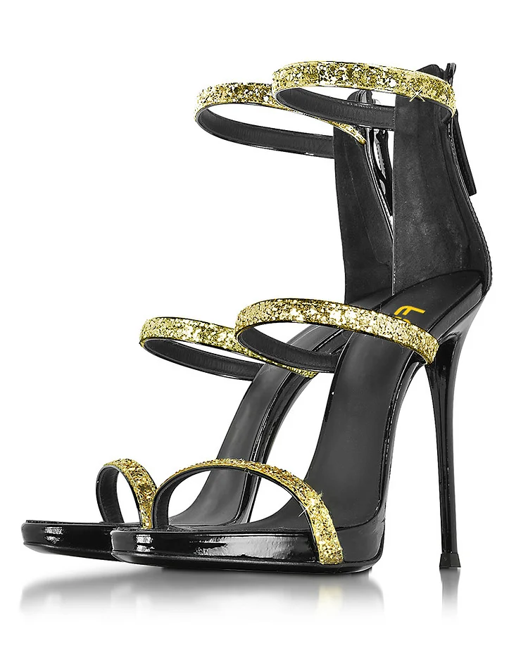 Gold Sparkly Heels Glitter Sandals Stiletto Heels Prom Shoes |FSJ Shoes