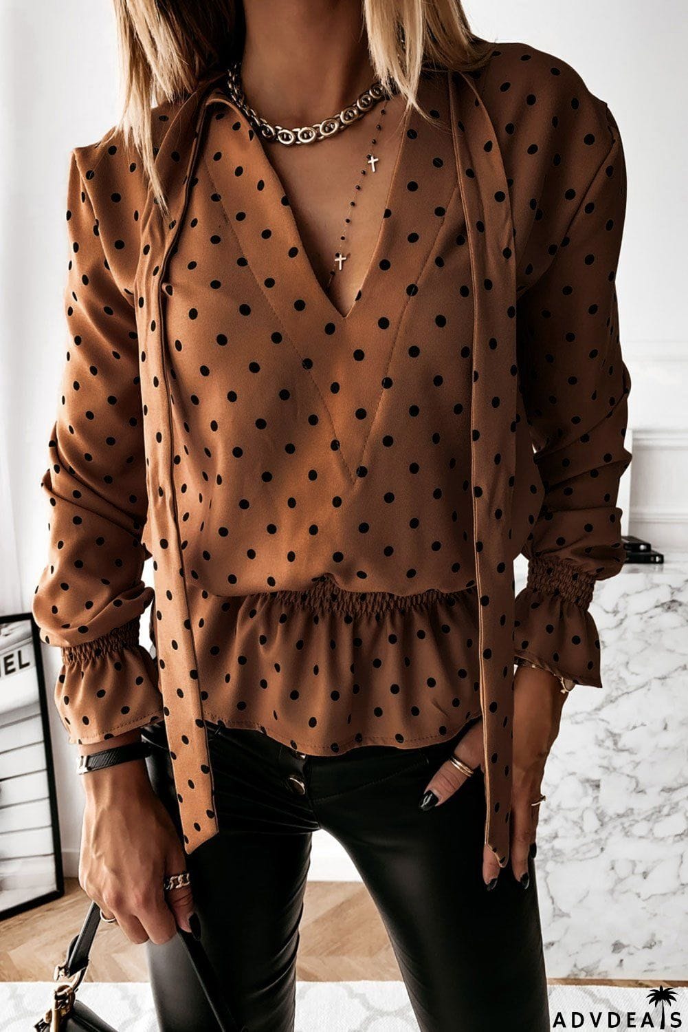 Elegant Khaki V Neck Tie Polka Dot Ruffled Blouse
