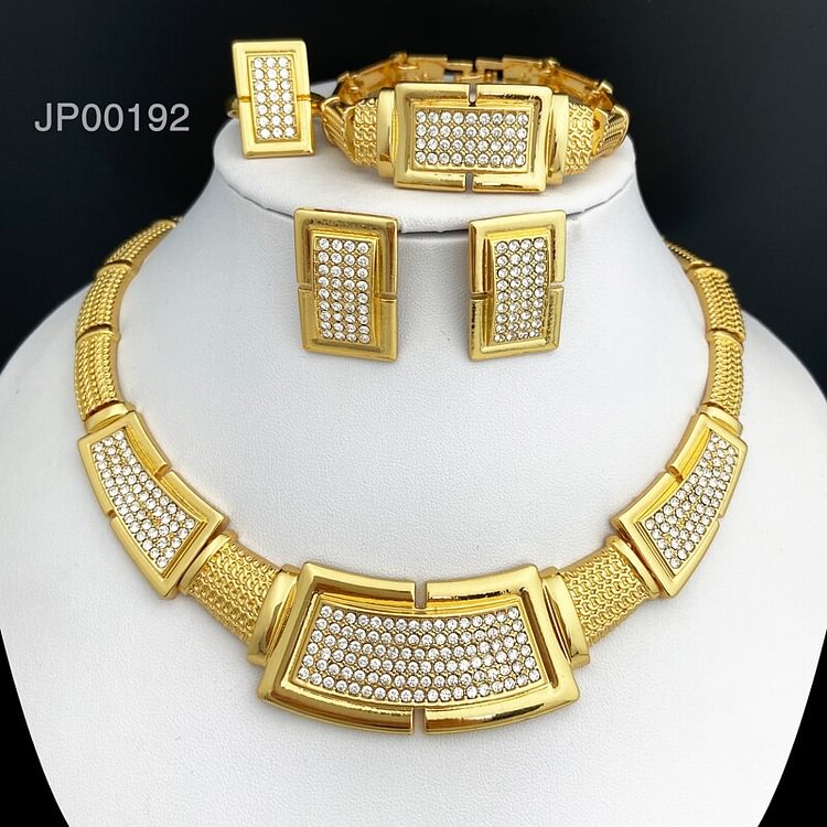 Dubai Gold Color Jewelry Sets Women Necklace Square Earring Big Bracelet Banquet Wedding