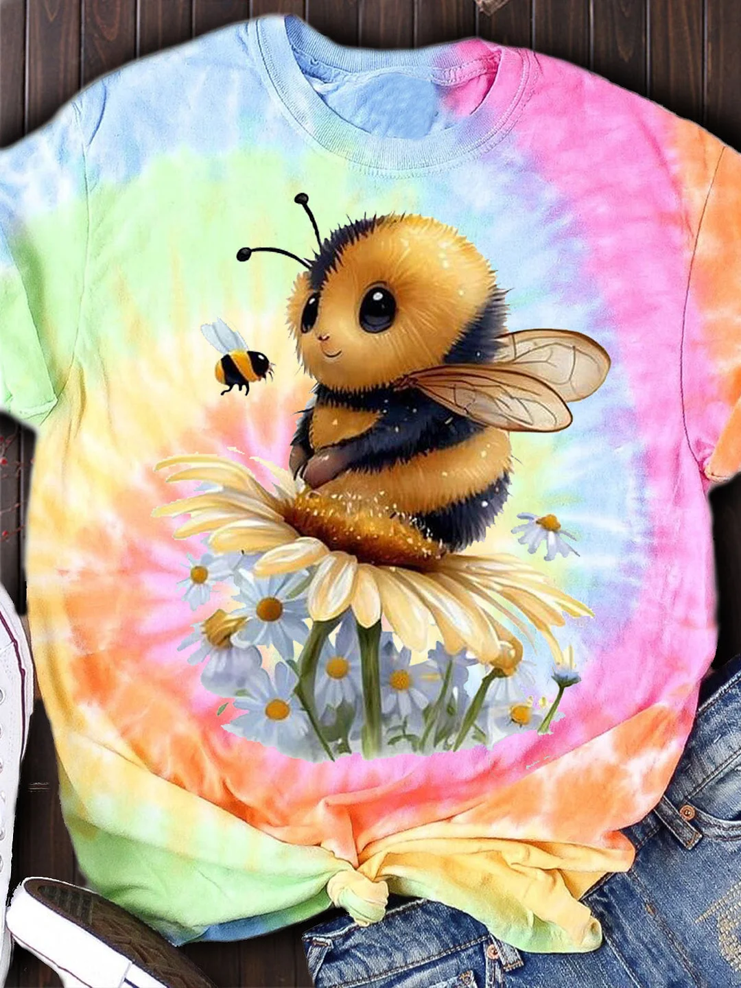 Cute Cartoon Bee Printed Crew Neck Women's T-shirt