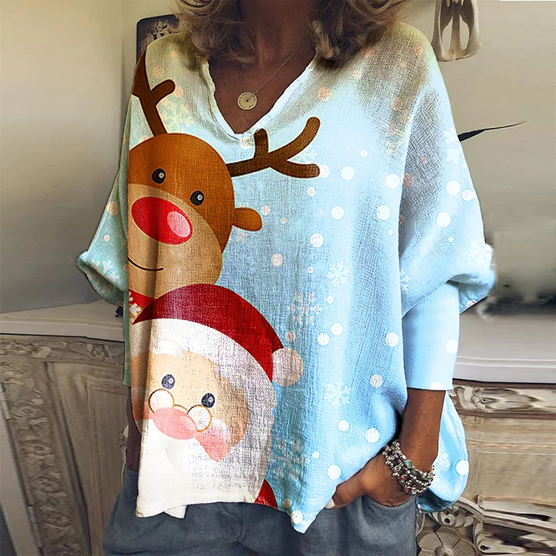 Lovely Christmas Elk And Santa Claus Printed Oversized Casual T-shirt