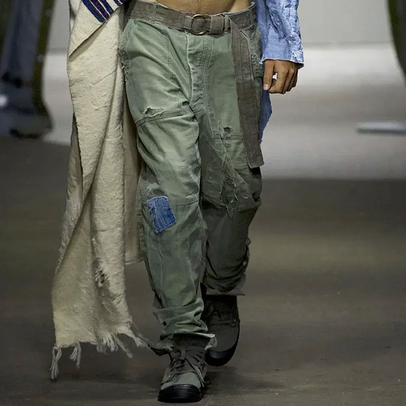 Retro Army Green Washed Ripped Holes Made Old Stitching Pants