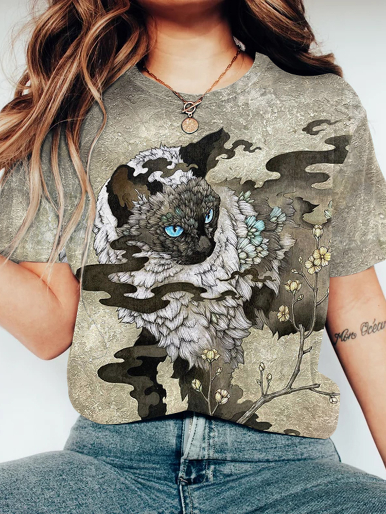 Comstylish Vintage Art Cat Print Round Neck Casual T-Shirt