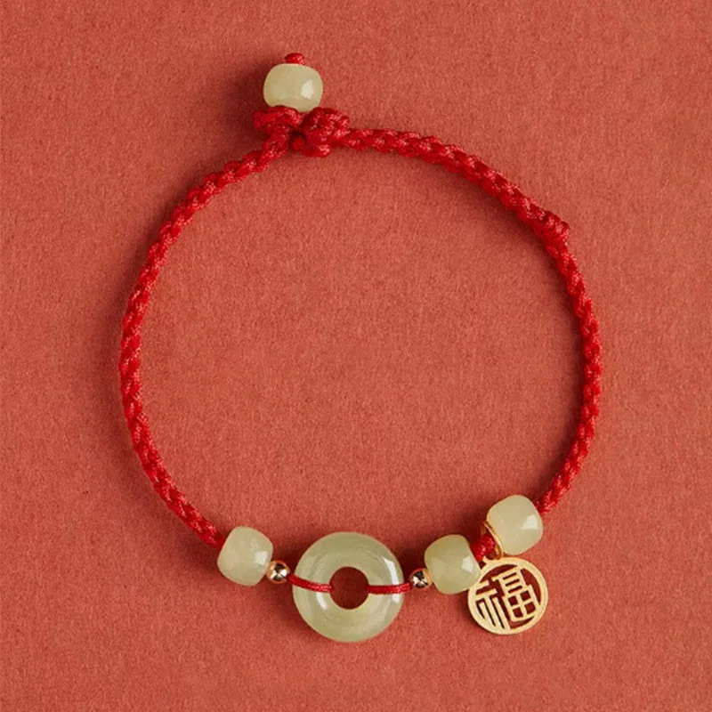Round Peace Buckle Jade Lotus Happiness Abundance Wealth String Bracelet