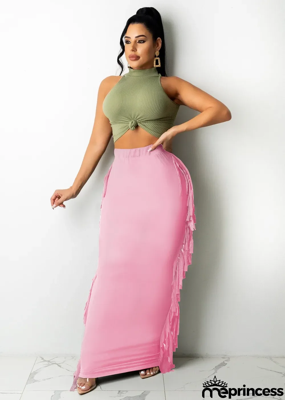 Fashion Solid Color Tassel Maxi Skirt