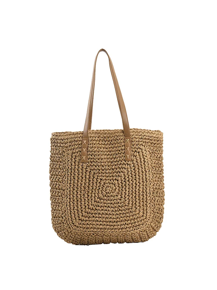 Simple Straw Woven Bag Large Capacity Shoulder Bag Handwoven Gift (Camel)