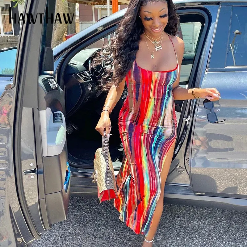 Hawthaw Women Summer Fashion Sleeveless Printed Bodycon Backless Open Fork Split Dress Sundress 2021 Female Clothing Streetwear