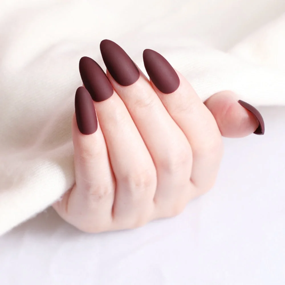 24Pcs Matte Dark Brown Artificial Fake Nails Long Stiletto False Nails For Design DIY Fingernails Art Tip Manicure Tool-Nail Inspo