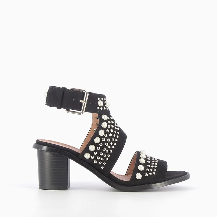 Black Studs Chunky Heel Sandals Pearls Slingback Comfortable Sandals |FSJ Shoes