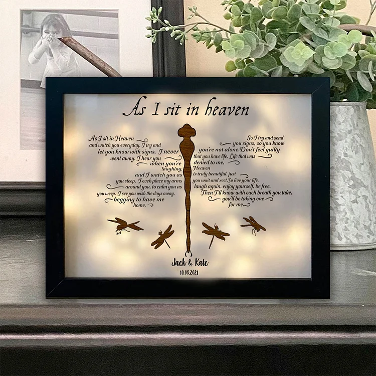 Dragonfly Frame Personalized Name and Date As I Sit in Heaven Lighted Shadow Box Memorial Gifts